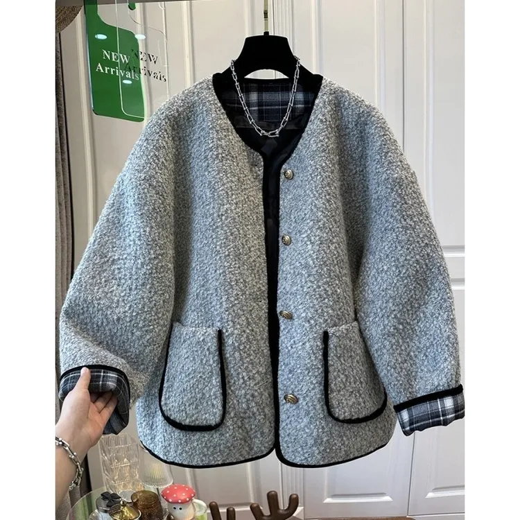 法式小香风撞色格子v领毛茸茸夹棉外套女棉服宽松保暖2025冬新款