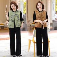 新中式妈妈秋装金丝绒套装洋气中老年女装春秋国风上衣马甲三件套