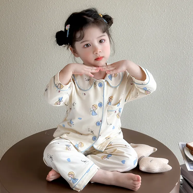 女童纯棉睡衣春秋季长袖空调服女孩宝宝公主风儿童开衫家居服套装