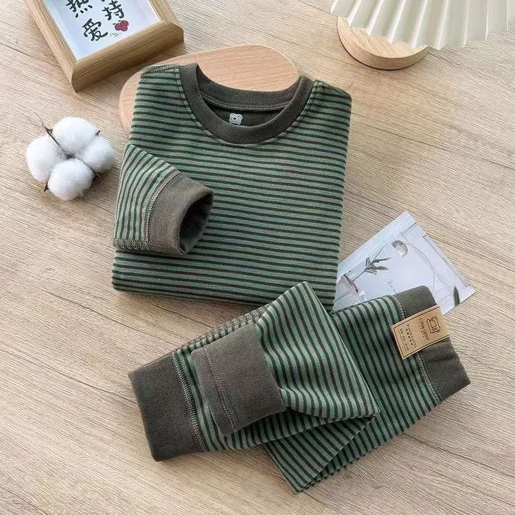 新款德绒彩条秋衣秋裤套装双面磨毛女童修身打底男童保暖内衣秋冬