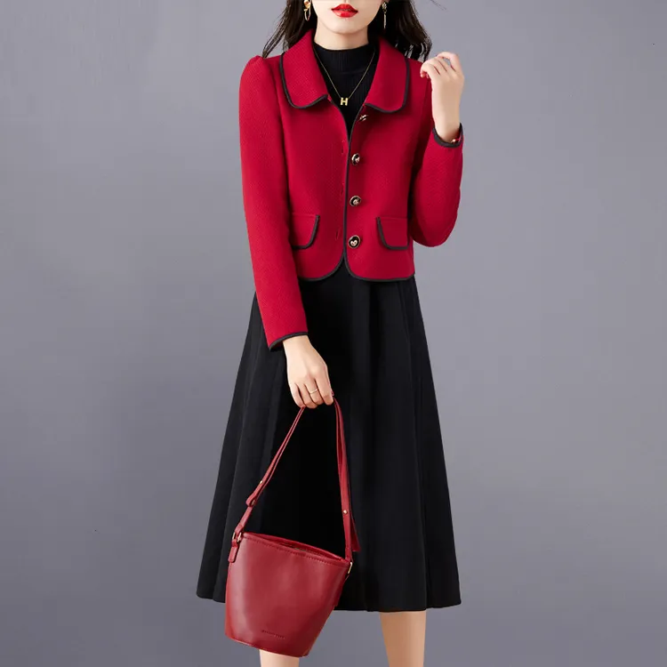 红色小香风毛呢套装女2025年春秋新款显瘦时尚外套半身裙两件套M