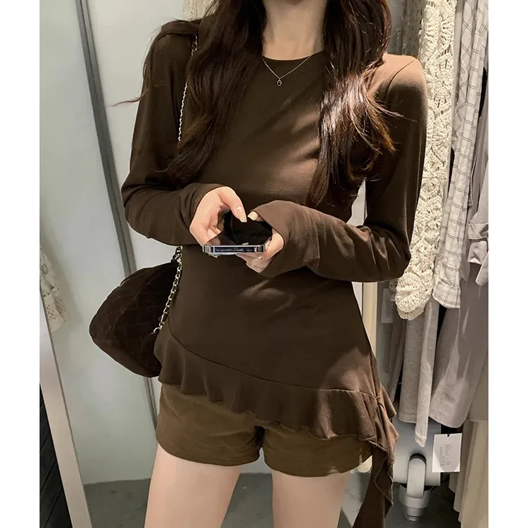 翰代维美拉德不规则飘带显瘦长袖打底衫女修身新款百搭T恤上衣ins