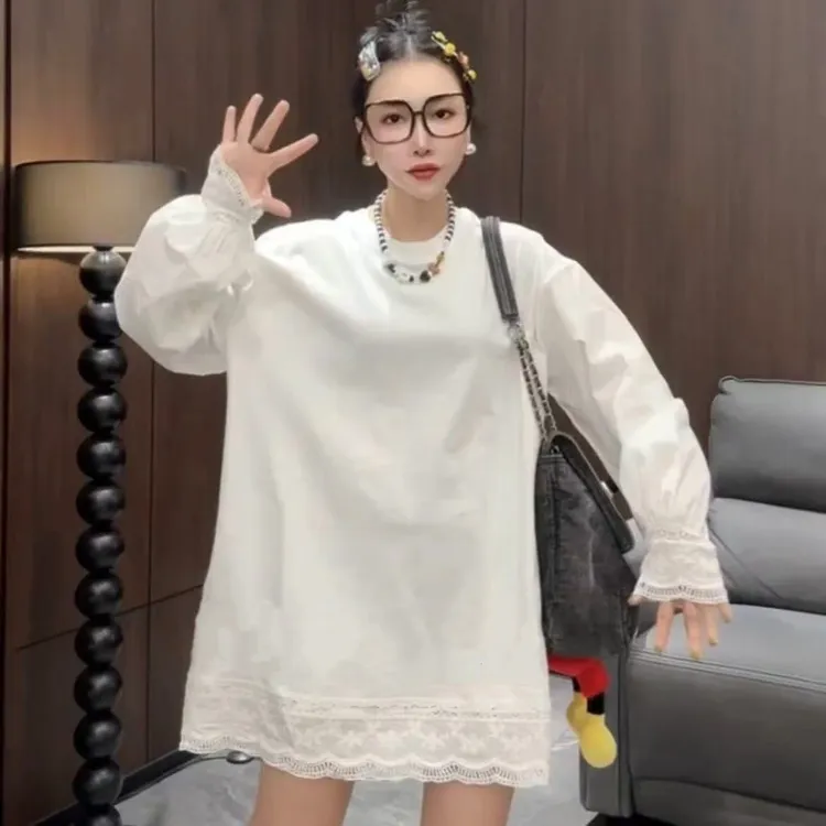 欧洲站2024春季款 设计师款小众纯欲风甜美刺绣蕾丝衬衫女卫衣
