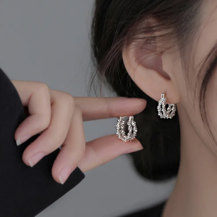合金耳饰 999银针双层碎银耳环设计感轻奢气质耳圈女小众时尚个性