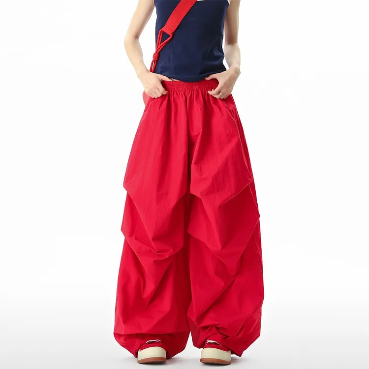 美式复古红色阔腿休闲裤女男夏季慵懒松弛感褶皱伞兵裤垂感拖地裤