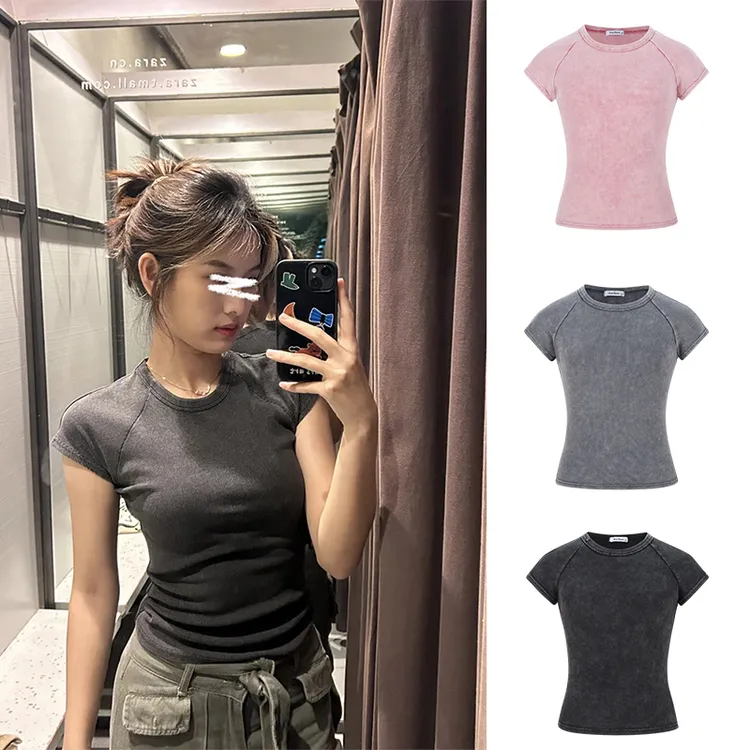 Moses Queen/魔西女王美式复古水洗做旧短袖T恤明线撞色插肩上衣