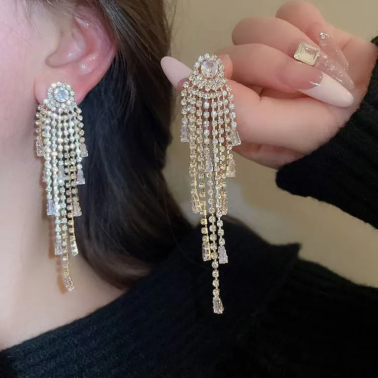 铜合金合成锆石耳饰 长款流苏几何精美耳饰116