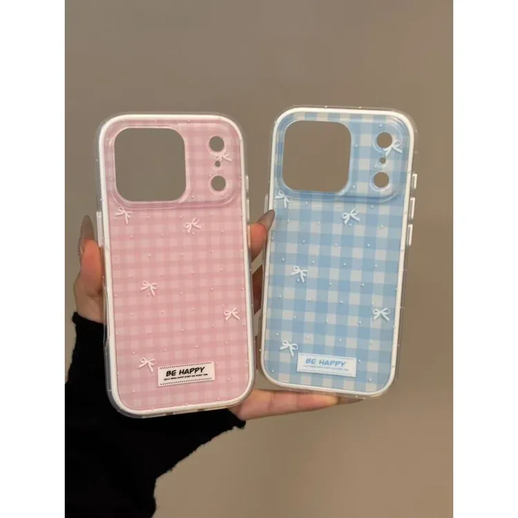 韩系ins粉蓝格纹蝴蝶结适用iPhone16promax苹果15手机壳17p二合一