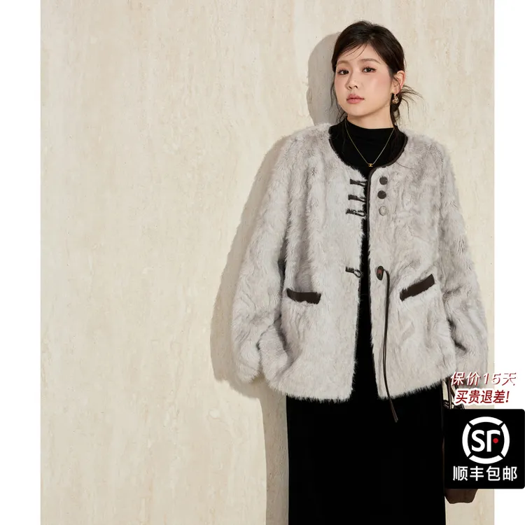 蓝语大码女装仿狐狸毛通勤风毛绒外套牛角扣保暖新中式环保皮草