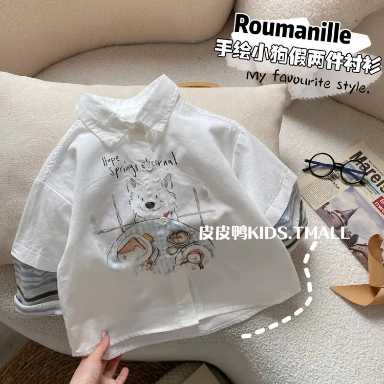 男童衬衫春秋季儿童韩版衬衣中小童假两件上衣卡通长袖衣服秋装帅