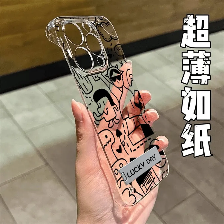 线条涂鸦适用苹果17手机壳华为小米vivo透明无边框支架13保护套