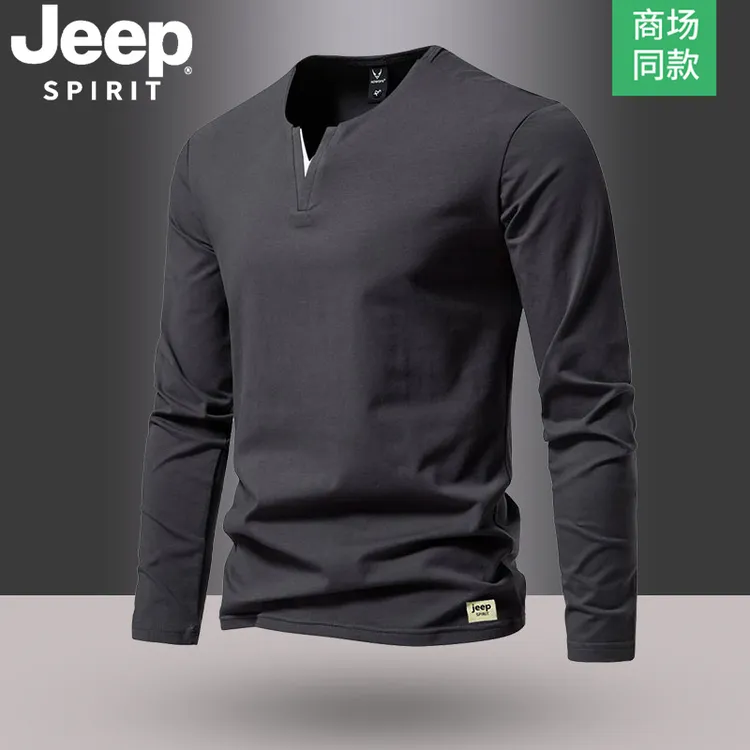 Jeep吉普长袖t恤男士纯棉春秋季美式亨利领体恤V领内搭上衣打底衫