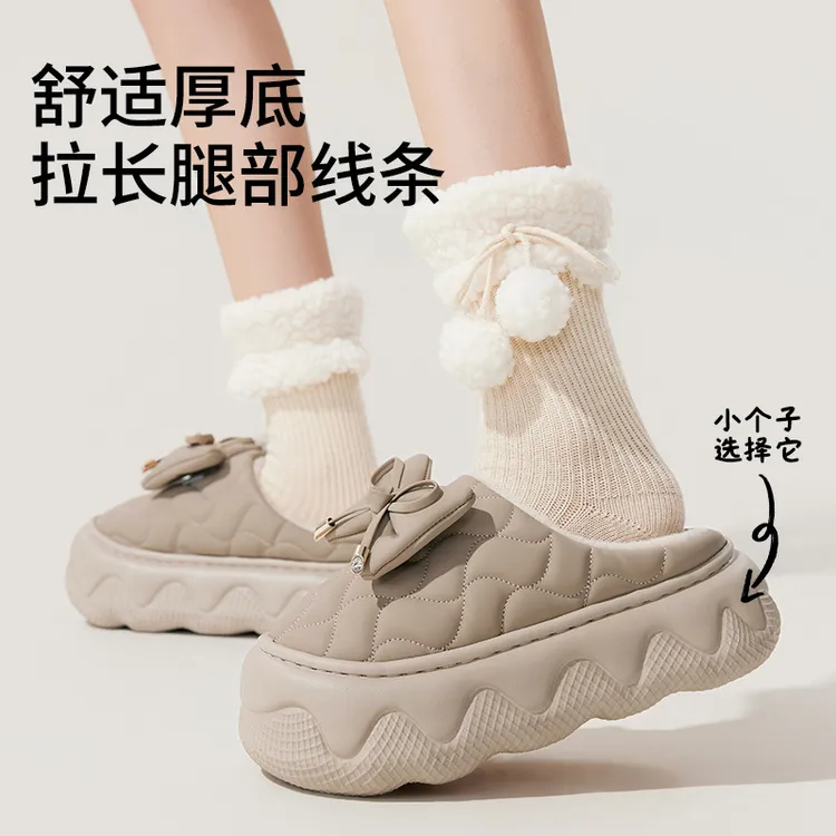 2025秋冬季新款棉拖鞋女士防水厚底加绒蝴蝶结保暖棉拖女款外穿