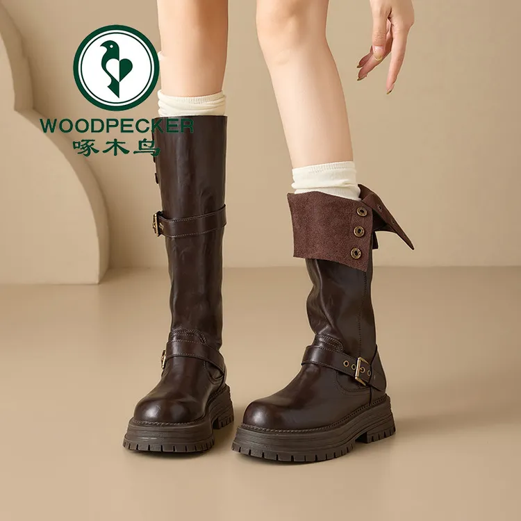 啄木鸟棕色长筒靴女厚底英伦风高筒靴子2025秋冬新款显瘦骑士靴女