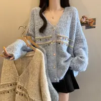 【鳗鱼饭】秋冬胖MM慵懒显瘦独特法式V领贝壳亮片毛衣外套针织衫女