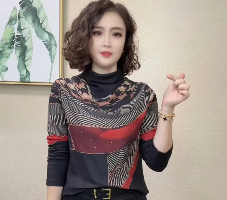 2025秋季长袖时尚洋气百搭显瘦加厚半高领印花秋冬女士T恤#964124
