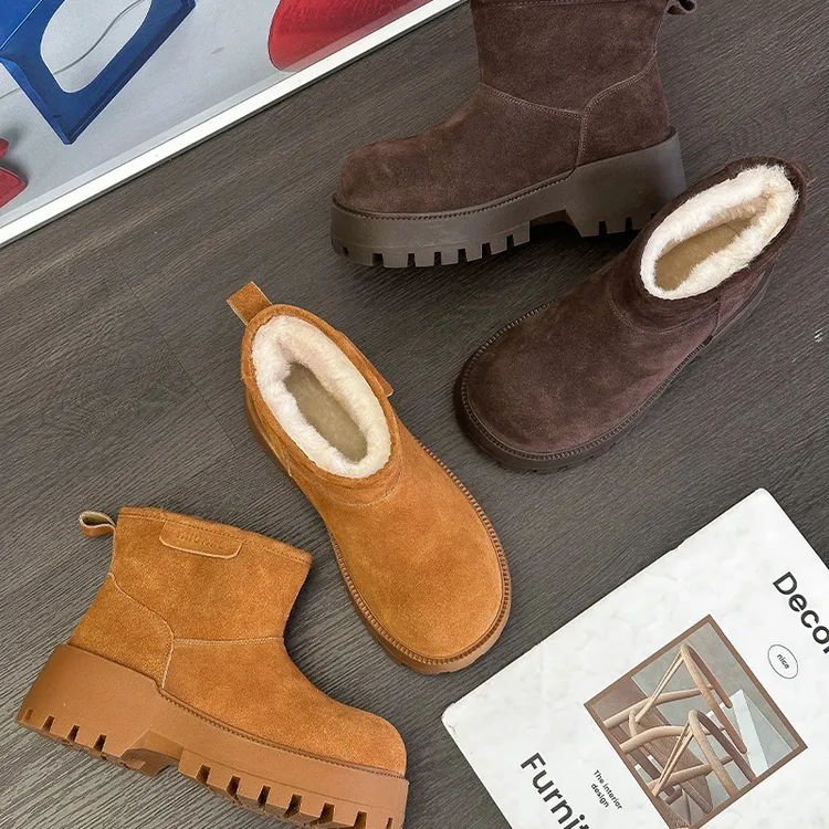 女款保暖雪地靴冬季加绒厚底显高牛皮马丁靴2025新款甜酷高跟短靴