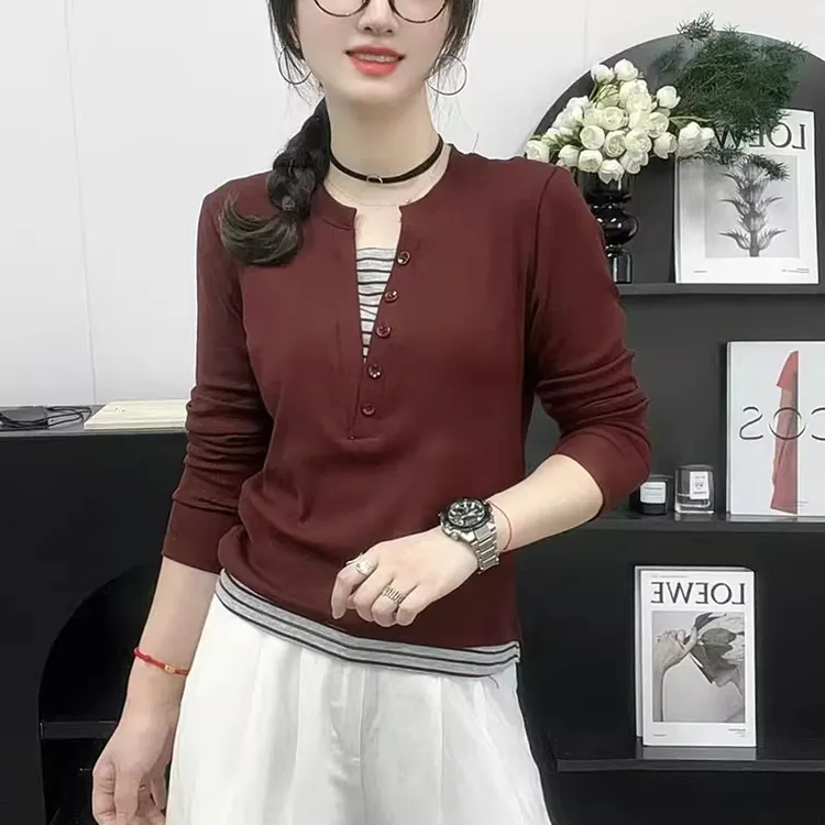 长袖T恤女2025秋季新款韩版时尚假两件拼接设计洋气百搭显瘦上衣