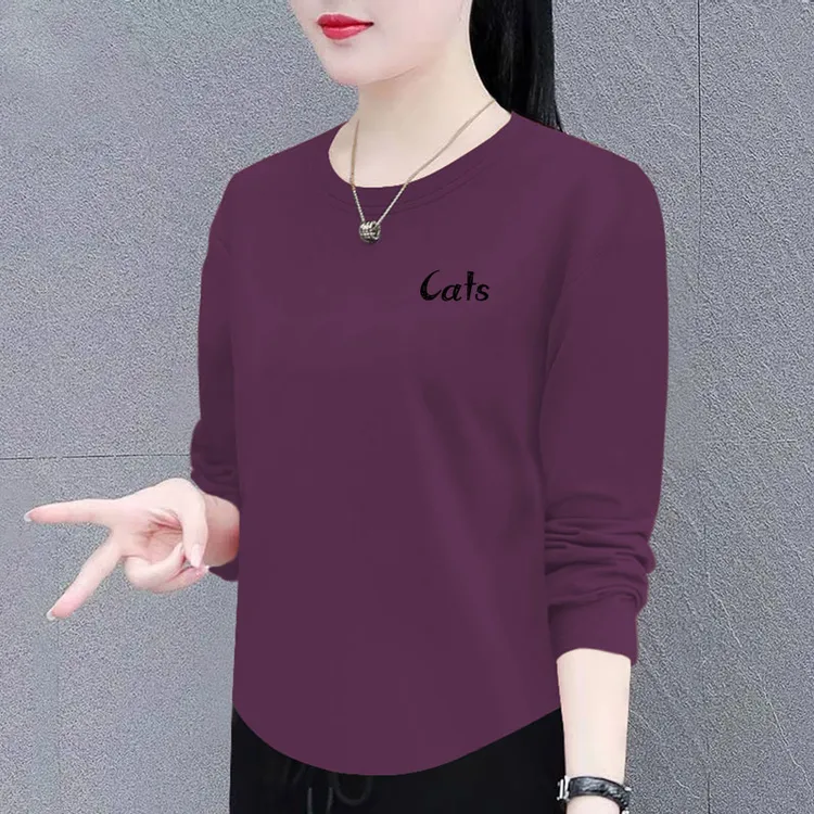 纯棉长袖t恤女春秋季新款宽松遮肚显瘦打底衫洋气时尚圆领上衣潮