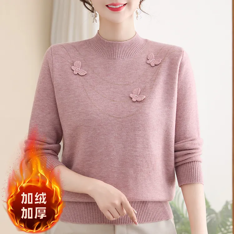 中年妈妈冬装加绒加厚针织毛衣中老年年女装宽松立体时尚保暖上衣