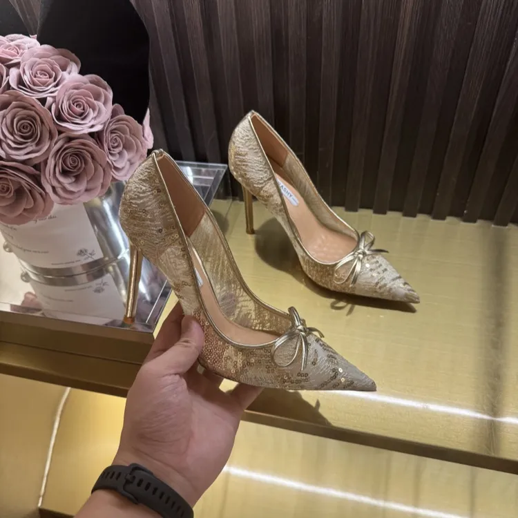 高跟鞋女2025新款气质高级不累脚尖头细跟10cm亮片蕾丝秋季单鞋