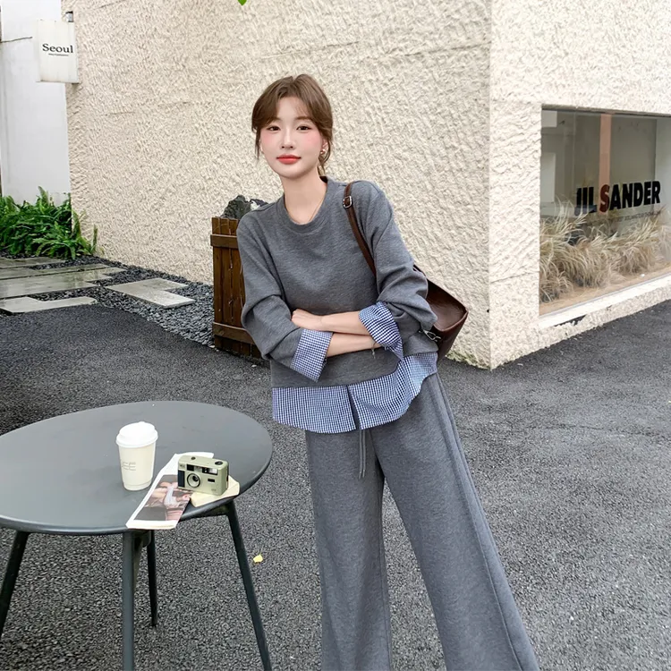 假两件格纹拼接卫衣休闲裤2025春秋新款休闲韩系ins学院风套装裤
