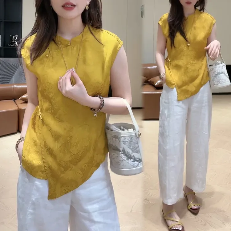 巨好看的夏装一整套新中式黄色盘扣斜襟上衣直筒阔腿裤小个子套装