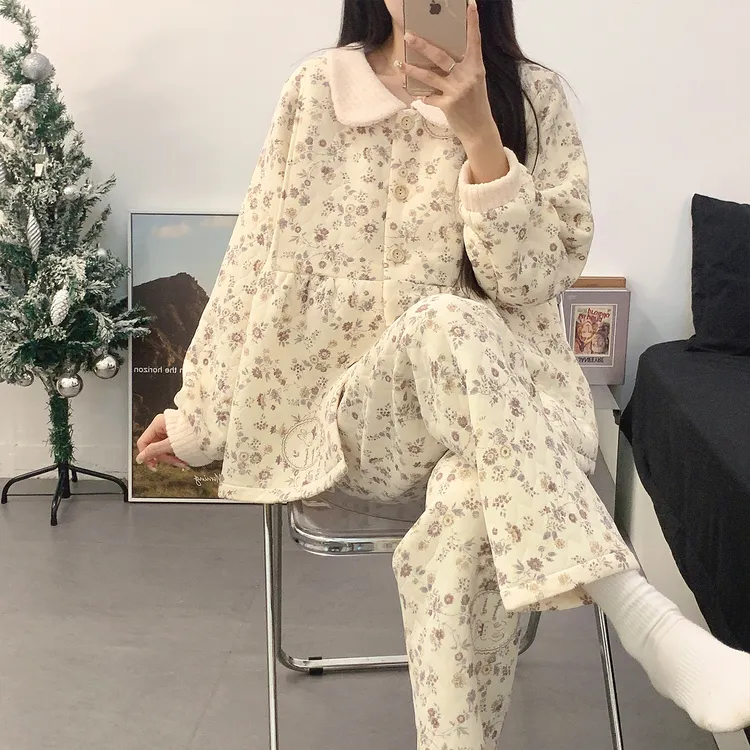 空气棉带胸垫月子服秋冬加厚碎花产妇孕妇睡衣哺乳春秋产后家居服