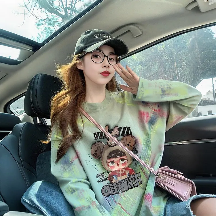 洋气减龄扎染设计感纯棉长袖t恤女大码宽松ins潮牌显瘦打底衫上衣