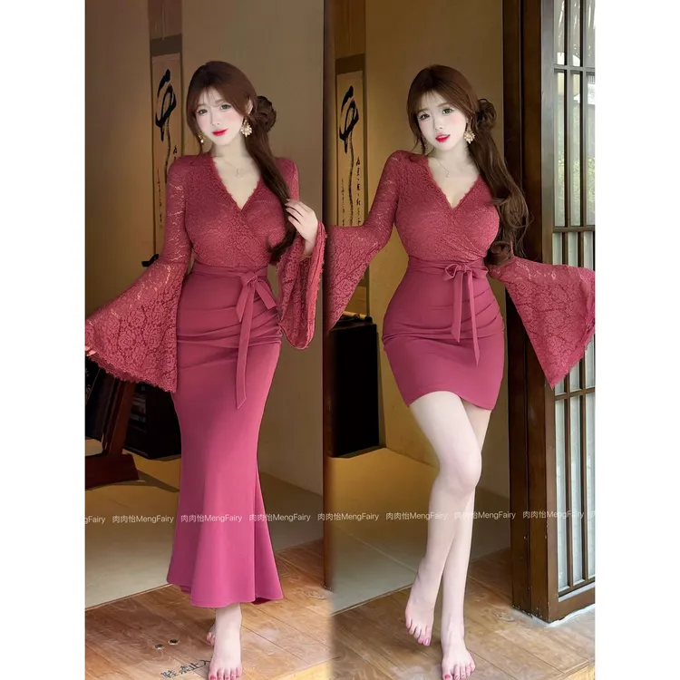 萌面侠肉肉怡怀袖藏香优雅钓系喇叭袖拼接连衣裙6487B 6473B