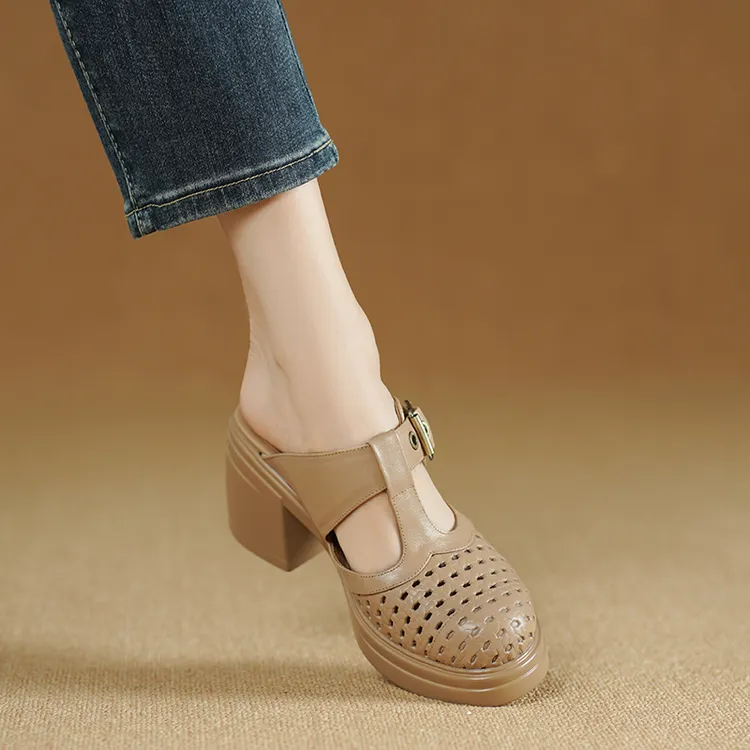 小个子增高7.5cm~真皮厚底外穿包头半拖鞋女夏季镂空穆勒鞋高跟鞋