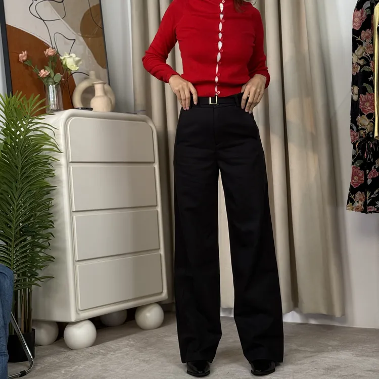 新款黑色腰带窄版阔腿裤（达）
