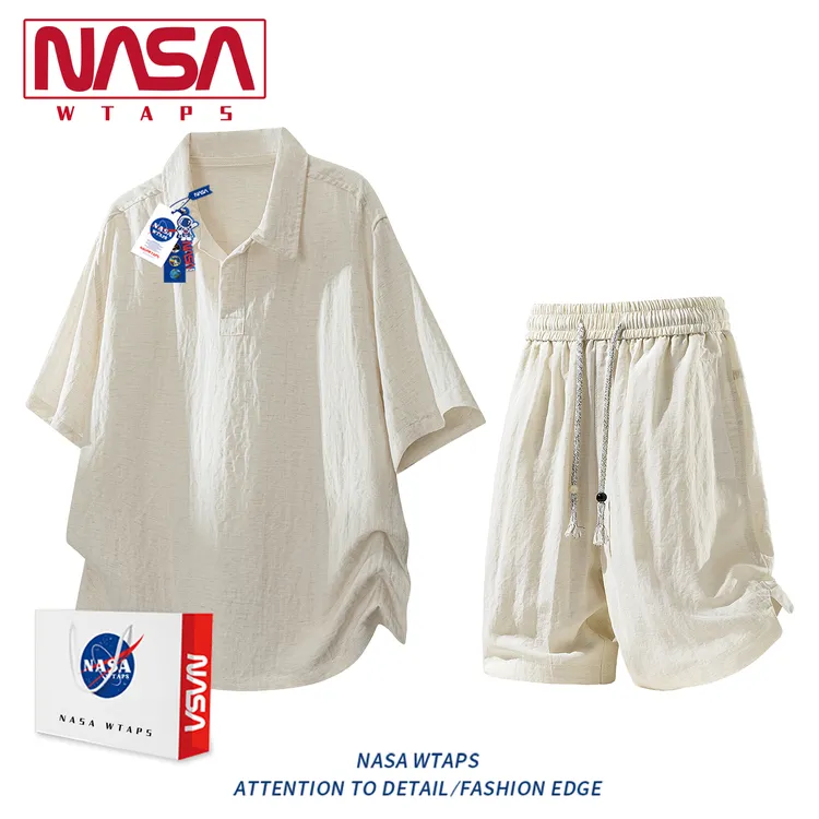 NASA WTAPS莱赛尔亚麻冰丝短袖polo衫男款夏季透气速干短裤两件套