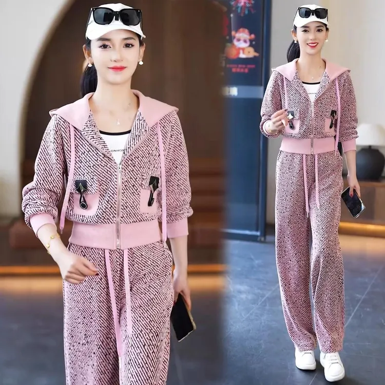 妈妈装粉色开衫拼接小香风套装  宽松休闲2025春季新款两件套装女