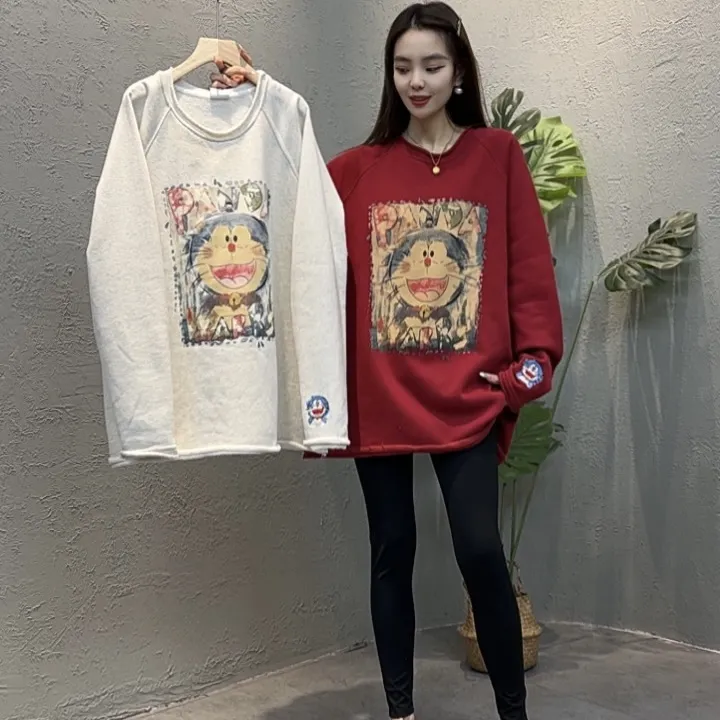 HG886秋冬新款韩版叮当猫印花宽松休闲加绒加厚卫衣女