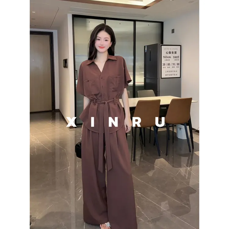 2025新款韩系短袖衬衫套装女夏季轻熟风通勤宽松阔腿裤休闲两件套