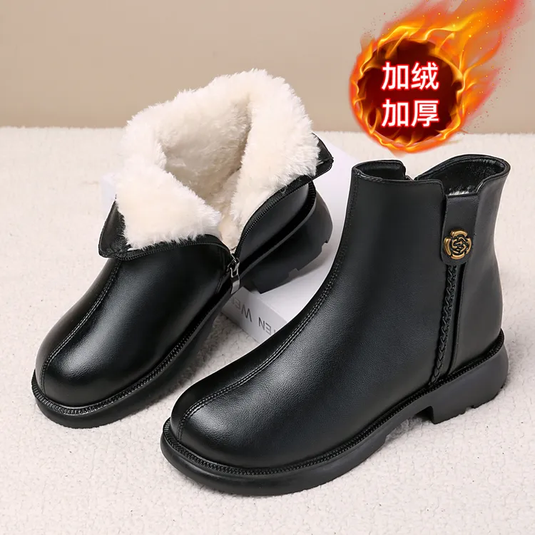 女士短靴显瘦气质防滑休闲加绒粗跟中老年妈妈时尚靴子女0178