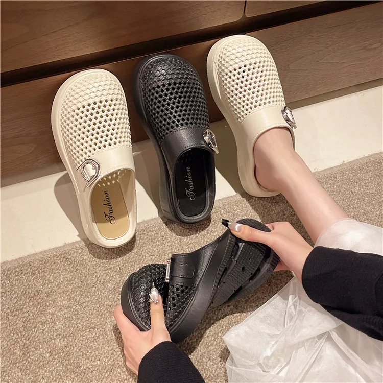 包头凉拖鞋女2025新款复古编织外穿半拖鞋松糕厚底一脚蹬镂空拖鞋
