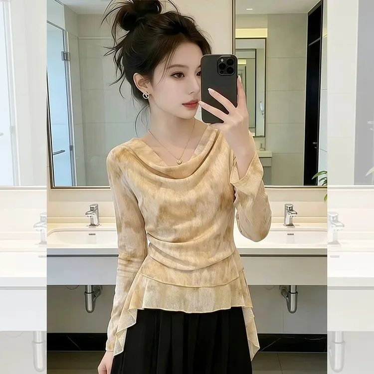 法式荡领扎染长袖T恤女春秋季设计感收腰显瘦气质不规则晕染上衣商品图
