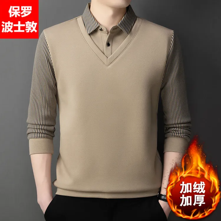 保罗冬季加绒加厚男士假两件高档商务翻领polo衫保暖防寒爸爸装