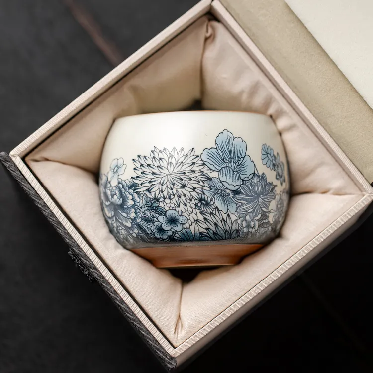 青花汝窑茶杯主人杯单个礼盒装家用精致高档陶瓷品茗杯喝茶小杯子