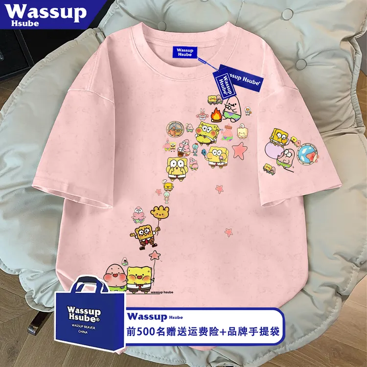WASSUP HSUBE趣味可爱卡通印花短袖纯棉T恤男女设计感蜡染上衣ins