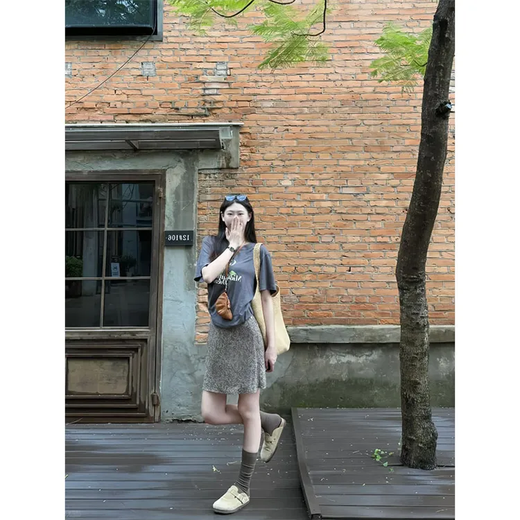 夏季慵懒通勤风休闲修身显瘦印花T恤短袖上衣时尚收腰a字半身裙女