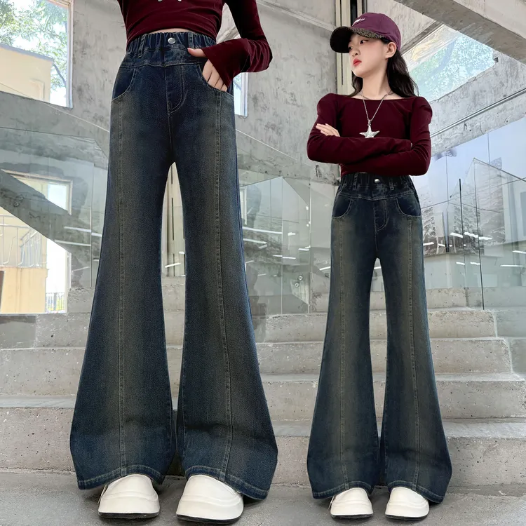 春秋款女童牛仔裤新款儿童冬季微喇裤中大童时尚洋气女童加绒裤子