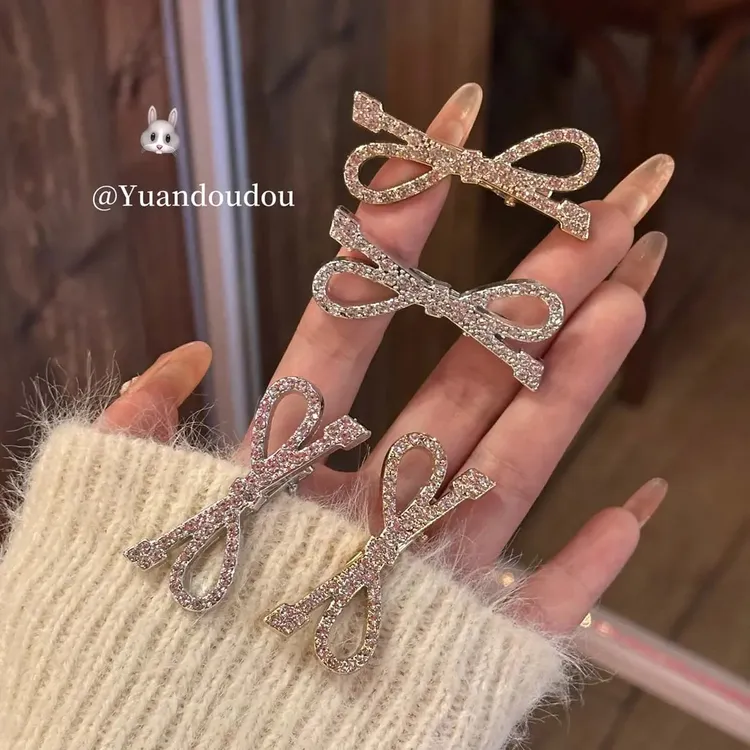 Q韩系爆闪水钻蝴蝶结发夹侧边夹鸭嘴夹冬日少女刘海发卡夹子头饰