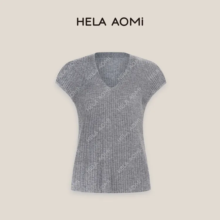 HELAAOMI “华夫格”莱赛尔桑蚕丝绵羊毛V领无袖针织上衣CY5BC32416