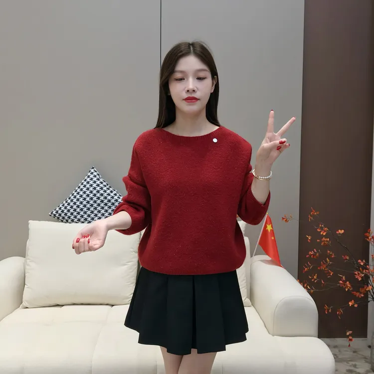 韩系设计感圆领纯色亮丝针织衫女2025秋冬新款宽松显瘦软糯毛衣