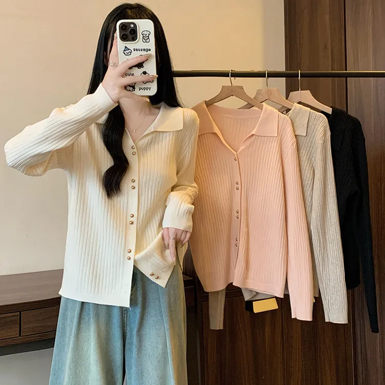 3457大码2025春季新款洋气宽松针织衫上衣胖MM显瘦POLO领开衫毛衣