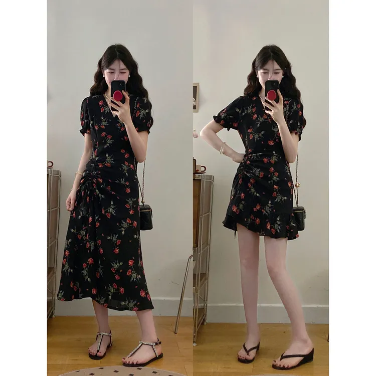 实拍～大码女装茶歇法式碎花鱼开叉显瘦连衣裙胖MM藏肉收腰连衣裙