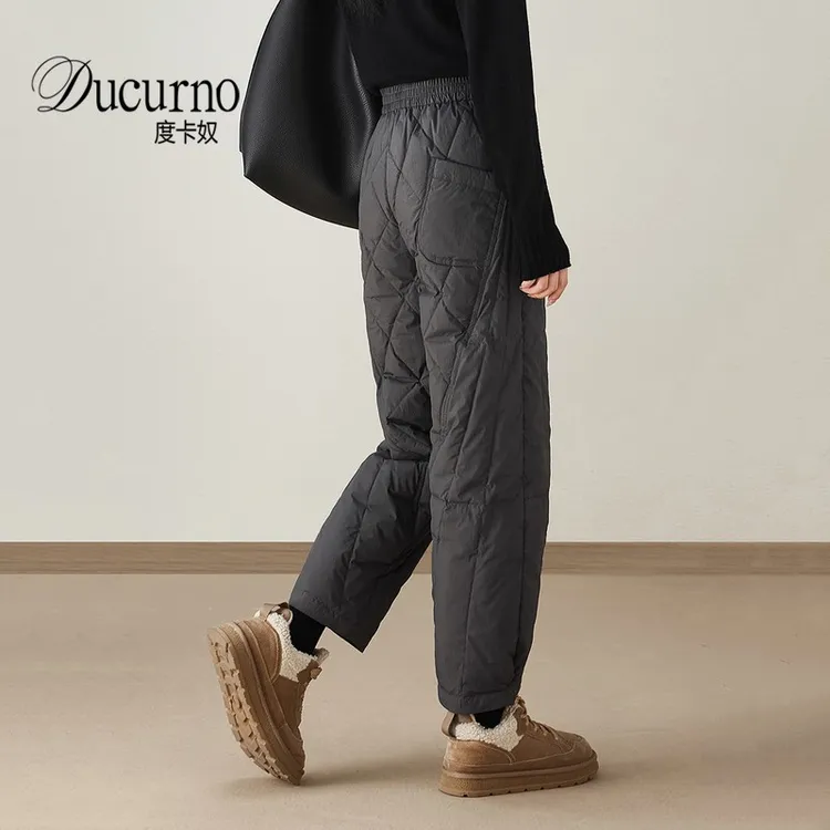 冬季保暖裤子鸭绒休闲裤女2026新款高腰棉裤松紧腰宽松哈伦羽绒裤
